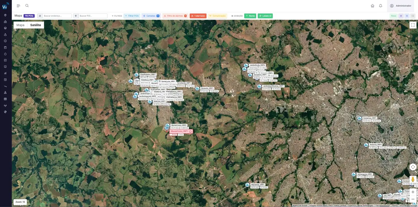 Painel do VecView com mapa interativo dos ativos e dados ao vivo de nível, pressão, vazão e consumo.